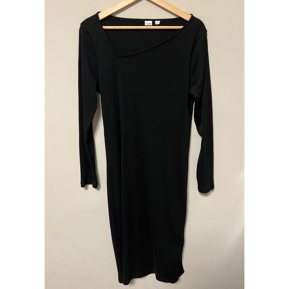 Gap Ribbed Midi Dress Womens Large Black Pre-owned Asymmetric Neck Side Slit